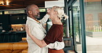 Dancing, happy and couple in house with music for bonding, love and safety in marriage on weekend. Smile, interracial people and mature man with woman for moving to playlist, radio or album in home.