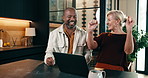 Banking, home and happy couple with credit card on laptop for online payment, discount or purchase. Interracial relationship, man or excited woman with debit, smile or computer for ecommerce or deal