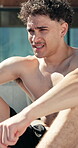 Fitness, backyard and tired man on break, rest and exhausted after intense workout with sweat. Male person, athlete and outdoor with fatigue for wellness, health or tough training exercise in summer