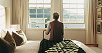Thinking, back or old woman in house with walking stick, daydream or nostalgia in calm mindset. Reflection, memory and elderly person with disability, flashback or peaceful perspective in retirement.