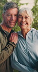 Senior couple, face and fitness in nature, hug and happy after physical activity on break or health. Outdoor, portrait and mature people with smile, embrace and confident with sportswear in Canada