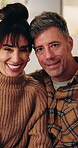 Love, face and mature couple in house with laugh, marriage commitment and healthy relationship. Adoration portrait, happy people and hug in apartment for bonding together, weekend break or connection