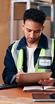 Logistics, man and laptop in warehouse with checklist, inventory management or shipping administration. Person, writing and clipboard in depot with computer, supply chain update and delivery report.