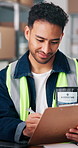 Man, checklist and laptop in warehouse with supply chain, inventory management and administration. Distribution, person writing and clipboard in depot with computer, logistics and delivery report.