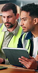Tablet, boxes and distribution employees with laptop in office with order confirmation for courier delivery. Technology, men and supply chain workers with ecommerce information with cardboard parcels