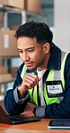 Distribution, laptop and man in warehouse for typing, inventory management and smile. Logistics, happy person and tech in factory for supply chain, schedule and quality control for shipping report