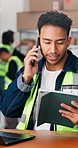 Distribution, phone call and man in warehouse with tech, inventory management and checklist. Logistics, person and communication in factory for supply chain, schedule and quality control for shipping