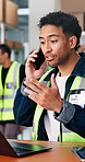 Supply chain, phone call and man in warehouse with tech, inventory management and checklist. Logistics, person and communication in factory for distribution, schedule and quality control for shipping