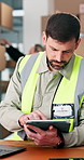 Logistics, man and browsing in depot with tablet, reading or sign online shipping invoice from courier. Supply chain, person and digital signature with tech, distribution and delivery quote approval.