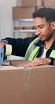 Man, shipping or box with tape in logistics for small business distribution or supply chain. Businessman, distributor or supplier packing with package, cargo or parcel for delivery or courier service