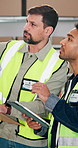 Tablet, thinking and distribution employees in office with order confirmation for courier, delivery or cargo. Technology, men and supply chain workers with planning for ecommerce with cardboard boxes