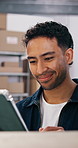 Happy, logistics and businessman with tablet for schedule delivery, online order or distribution. Man, employee or smile with technology for small business supply chain, shipping or courier service
