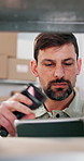Man, logistics or scanner with tablet in storage for pricing inventory, distribution or supply chain. Male person, employee or checking stock with technology for delivery schedule or courier service