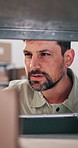 Logistics, man and package in warehouse with tablet, online order picking and inventory management. Person, stock selection and dispatch in depot with tech, supply chain and verification for export.