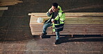 Carpentry, coffee and phone call with man in warehouse for feedback, report or update. Communication, drink and project management with happy person in woodworking factory for break from above