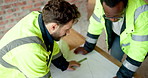 Architecture, team and discussion with blueprint for planning, design update or collaboration. Meeting, men and floorplan at worksite for engineering, explain infrastructure or maintenance compliance