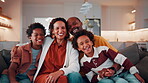 Face, happy and family together with laugh, love and care in relationship on home sofa. Parents, sibling children or african people hug on couch for safety, security or bonding in living room