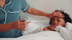 Sick child, home and hands with thermometer in bedroom, forehead check and monitor body temperature. Black kid, support and person with heat indicator for fever assessment, help or childcare in house
