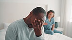 Headache, couple and man on bed with argument, fight and frustrated in toxic relationship. Tension, fatigue or people in home with disagreement, partner disappointment or migraine in marriage crisis.