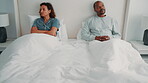 Argument, thinking or couple in bedroom with tension, fight or frustration in toxic relationship. Conflict, issue or African people with disagreement, disappointment or marriage reflection in house.