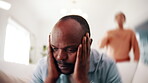 Headache, couple or man in house with argument, fight and frustrated in toxic relationship. Tension, fatigue or people on sofa with disagreement, partner disappointment or migraine in marriage crisis