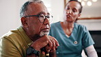 Thinking, nurse and senior man with cane, sad and ignore advice at consultation or visit. Caregiver, assisted living and old person with depression, dementia or memory loss in retirement home