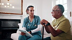 Tablet, nurse and senior man with cane, results and advice at consultation or visit. Caregiver, assisted living and old person with understanding, tech or health information app in retirement home