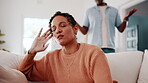 Tired, couple or woman in house with fight, argument or frustrated in toxic relationship. Tension, fatigue or people in home with disagreement, partner disappointment or mistake in marriage crisis.