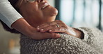 Happy, caregiver or hands on shoulder with senior patient for support, healthcare or comfort in home. Nurse, touch or elderly care with female person, love or empathy for assisted living in house
