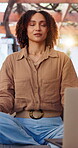 Woman, relax and breathing with laptop for meditation, spiritual wellness or inner peace in home. Calm, female person or yogi with computer or app for mindfulness, zen tutorial or awareness in house
