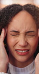 Headache, tired and woman in house with massage, frustrated and tension with discomfort. Pain, fatigue and female person in home with migraine pressure, burnout and sore head with dizziness.
