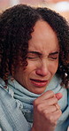 Sick, cough and woman in house with chest pain, infection or breathing problem in virus symptoms. Influenza, choking or female person in home with tuberculosis, asthma or illness in allergy season.