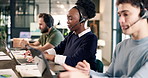 Call center, coworking and business people on laptop for consulting, contact us and virtual assistance. Office, computer and workers with headset for customer service, online report and crm support