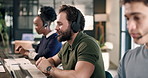 Call center, consulting and man in office for customer support, contact us and virtual assistance. Coworking, happy and people with headset, tech and discussion for help, online report or crm service