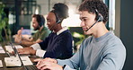 Call center, coworking and man on laptop for consulting, contact us and virtual assistance. Office, happy and people with headset, tech and talking for customer service, online report and crm support