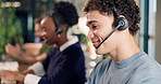 Call center, talking and man in office for consulting, contact us and virtual assistance with headset. Coworking, happy and people in discussion for customer service, online report and crm support