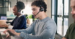 Call center, talking and man with business people for consulting, contact us and virtual assistance. Office, team and workers with headset on tech for customer service, online report and crm support
