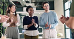 Applause, collaboration and business people in office with meeting for finance revenue growth. Happy, clapping hands and team of financial advisors at discussion with teamwork, goals or KPI target.