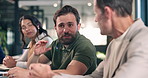 Sustainable, meeting or man in office with feedback, esg growth pitch or review on green operations. Briefing, team or csr advisor with plan, conservation proposal or discussion on ethical strategy.