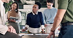 Documents, meeting and business people in office with review, feedback or update on revenue growth. Paperwork, discussion and team of financial advisors in collaboration for investment report.