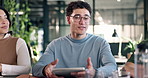 Sustainable, team or man in office with tablet, esg growth pitch or review on green operations. Digital, meeting or csr advisors with tech, conservation proposal or discussion on ethical strategy.