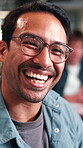 Creative, face and happy man with glasses in business, writer and confident with career development. Magazine editor, portrait and person with eyewear, laughing or smile for job opportunity in office