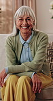Wellness, face and old woman in home with good mood, positive attitude and optimistic for weekend break. Wellbeing, smile or elderly person with portrait, happy moment and satisfaction in retirement.