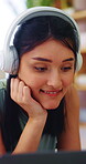 Headphones, laptop and streaming with woman on floor in home for video tutorial of yoga. Computer, fitness and smile with happy person in apartment for health activity, online class or wellness