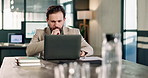 Business, man and reading in office with laptop, research and data analysis for finance report. Thinking, male person or review in workplace with pc, financial audit and statistics for company profit