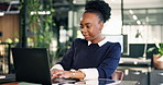 Laptop, typing and black woman in office with research for finance report on investment planning. Technology, reading and financial advisor with project for revenue growth on computer in workplace.