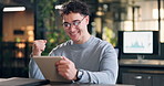 Tablet, fist pump and businessman in office with good news, celebration or finance bonus on app. Happy, digital technology and financial advisor with achievement for revenue growth or job promotion.