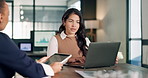Tech, team and business women with discussion for trading plan, financial research or risk management. Laptop, tablet and feedback with agreement, conversation and stock market meeting for trader