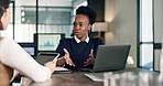 Tech, team and business women with meeting for trading plan, financial research or risk management. Laptop, tablet and feedback with agreement, conversation and stock market discussion for trader