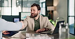 Laptop, businessman and handshake in office for investment deal, negotiation success and smile. Computer, people and shaking hands in company for financial collaboration, partnership or agreement